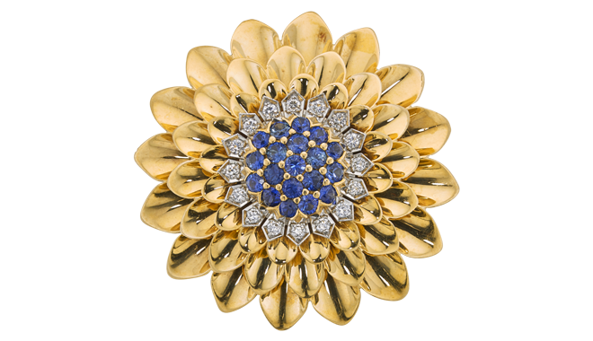 Retro.<br>A Two-colour 'Flower Head' Brooch<br>set with Sapphires & Diamonds<br>(S. Est.: 1.33cts, D. Est.: 0.48ct)<br>- stamped '18KT Pd'