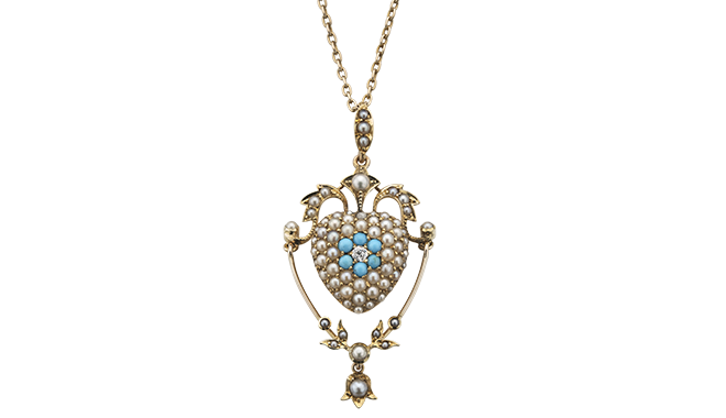 c.1910.<br>A Turquoise, Split Pearl & Diamond set Pendant<br>& Chain (15ct) - cased