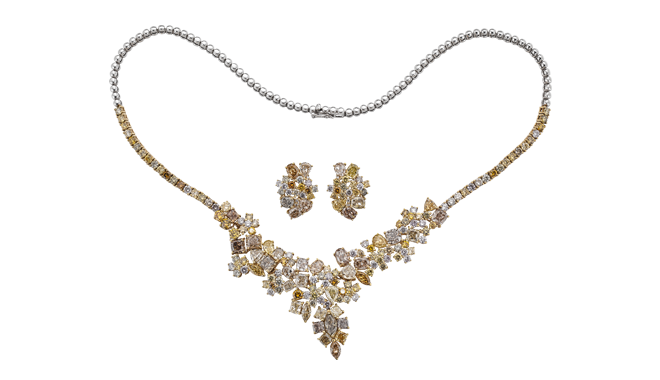 Handmade.<br>Two-colour 18ct Gold.<br>A Necklace with Earrings en Suite,<br>set with Harlequin Diamonds (Total: 37.62cts)