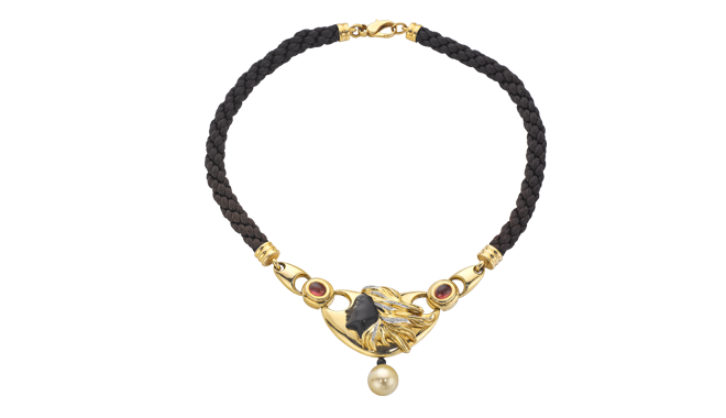 ROBERTO LEGNAZZI, ITALY.<br>Late C20th.<br>A Necklace centred on a Maiden’s Head, <br>set with Onyx, Tourmalines, Diamonds<br>& a Golden South Sea Cultured Pearl