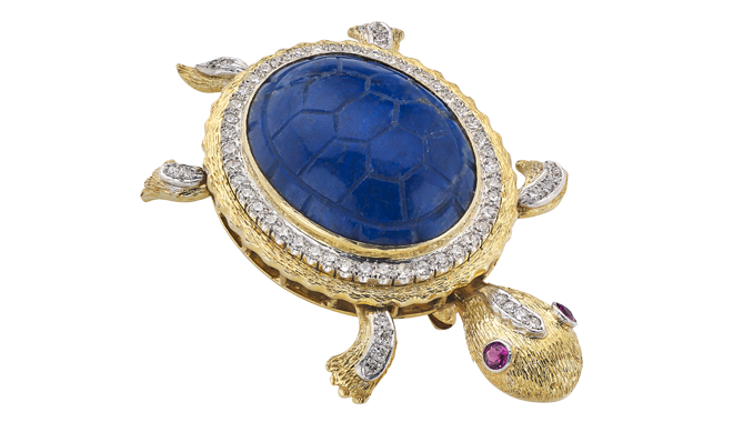 Mid C20th.<br>A ‘Turtle’ Brooch set with Lapis Lazuli, Diamonds & Rubies