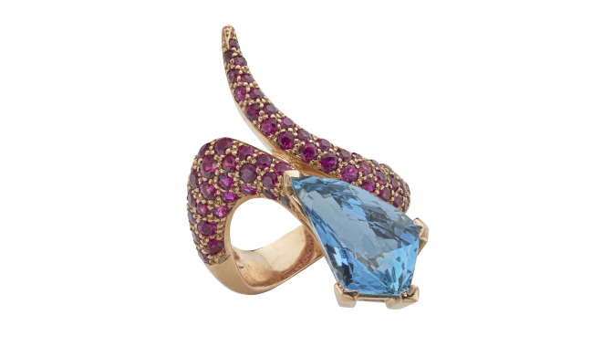 Retro.<br>A Fancy Cut Aquamarine & Brilliant Cut Ruby<br>'Serpent' Ring<br>(A: 6.30cts, R. Est.: 2.10cts)