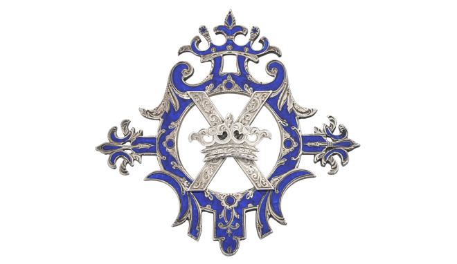 Victorian.<br>A Silver Plaid Brooch with Saltire Cross & Crown<br>inlaid with Royal Blue Enamels 