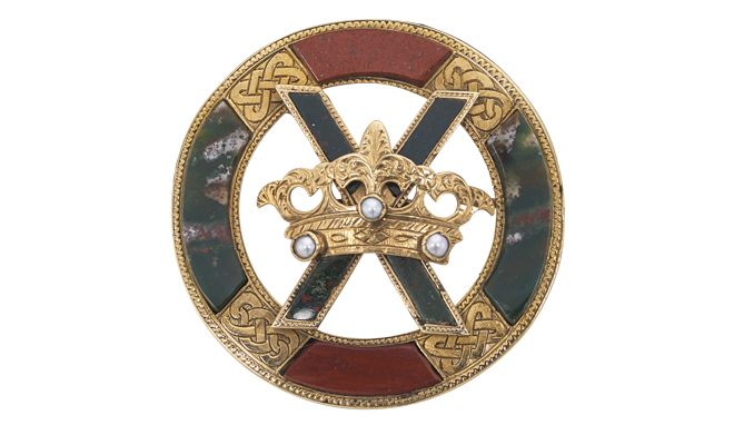 Victorian.<br>Gold.<br>A Plaid Brooch set with Scots Agate & Split Pearls <br>- Saltire Cross & Crown<br>